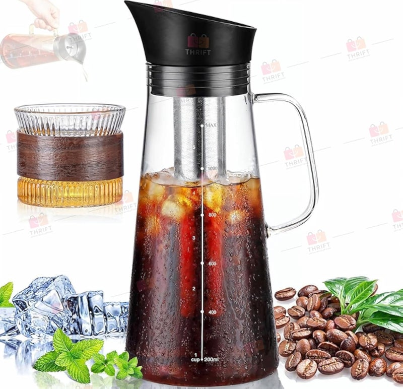 High-quality Jar/Cold Brew Coffee Maker â€“ 1.2L Glass Pitcher with Airtight Lid & Stainless Steel Filter â€“ Borosilicate Glass for Juice, Coffee & Tea â€“ Durable, BPA-Free, Easy Pour for Home & Office